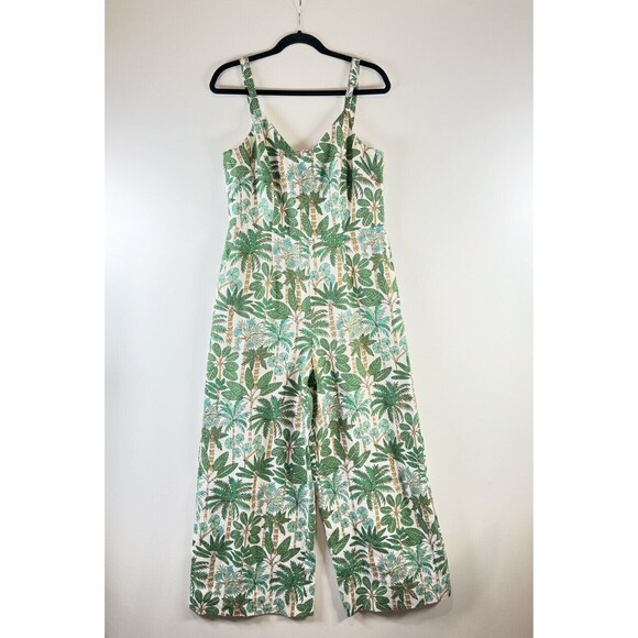 Boden Womens Jumpsuit Green Lola Palm Forest Linen V Neck Smocked Boho 8T Tall - Picture 7 of 10